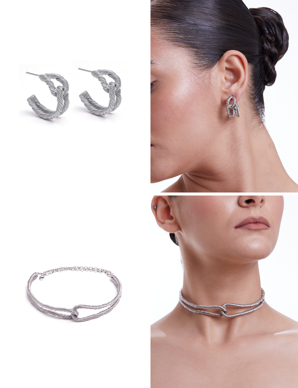 Silver Threaded Interlocked Choker + Hoops