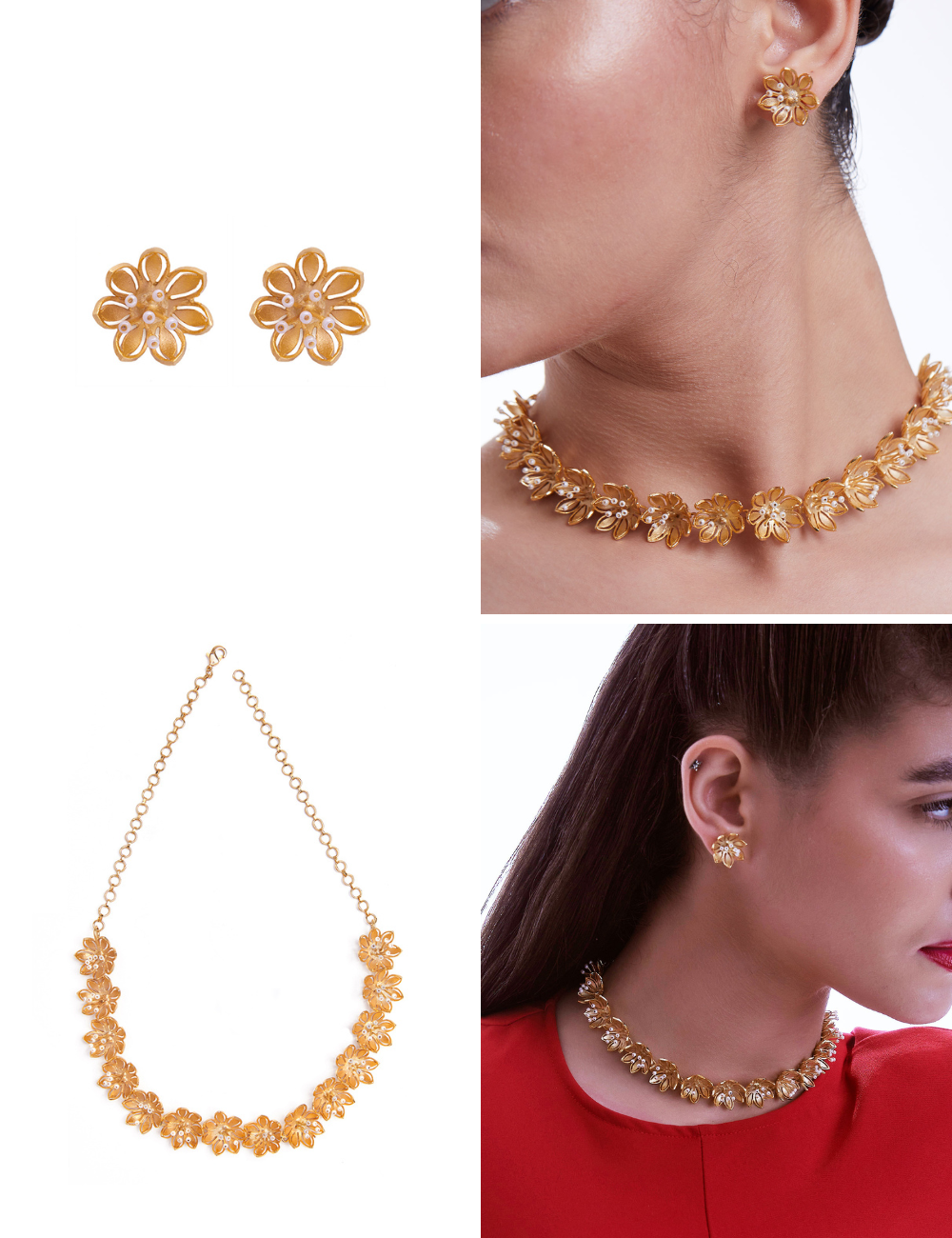 Pearly Golden Flower Earrings + Necklace