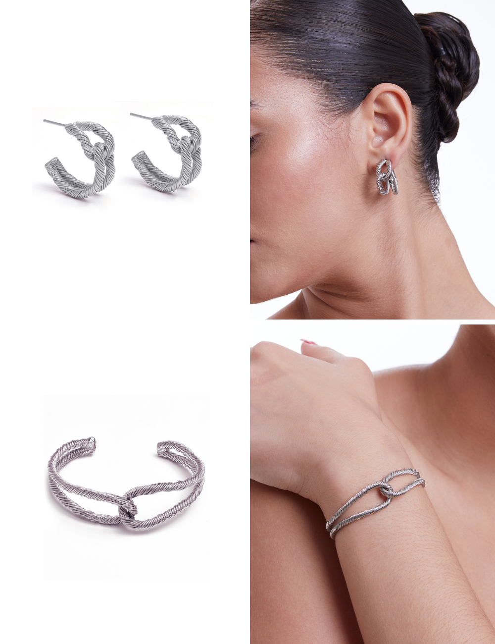 Silver Threaded Interlocked Bracelet + Hoops