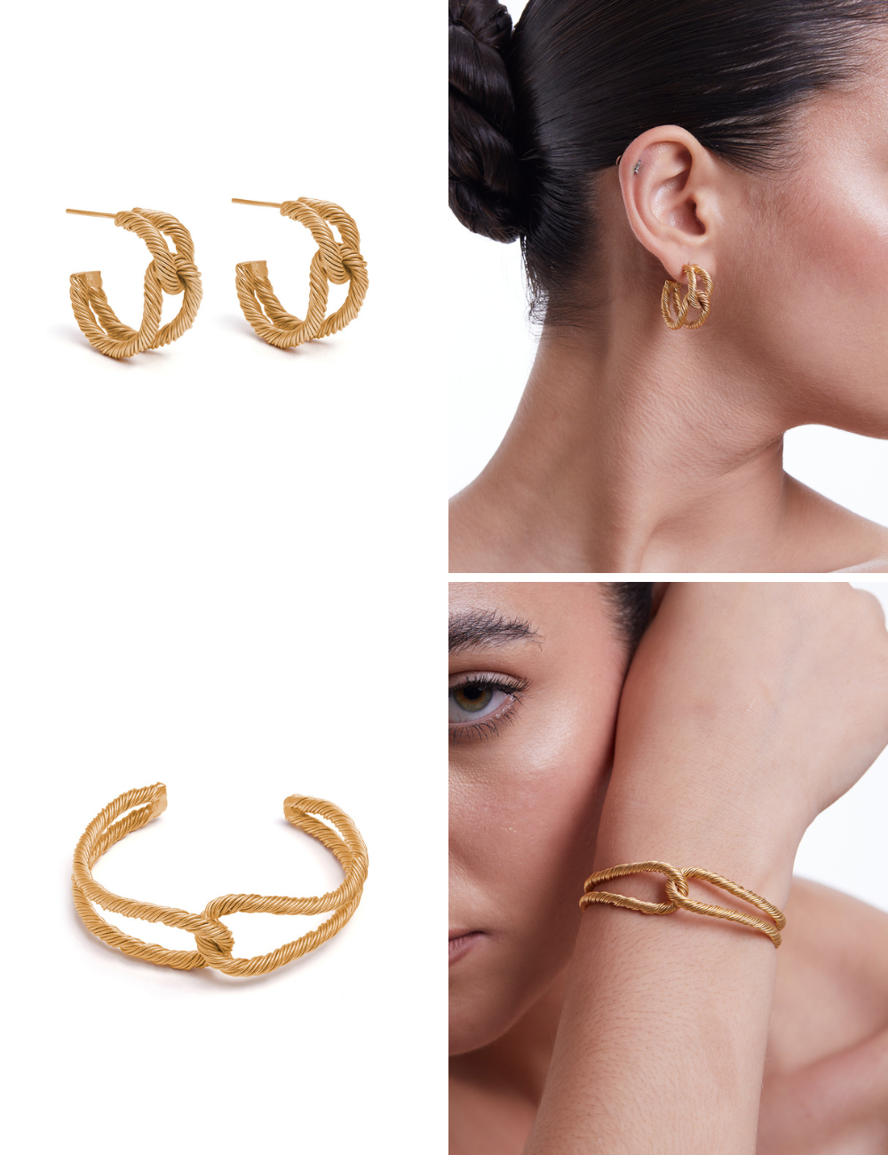 Golden Threaded Interlocked Bracelet + Hoops