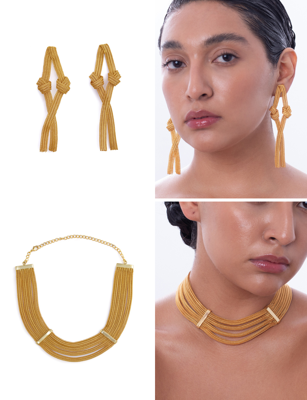 Gold Mesh Necklace + Short Earrings