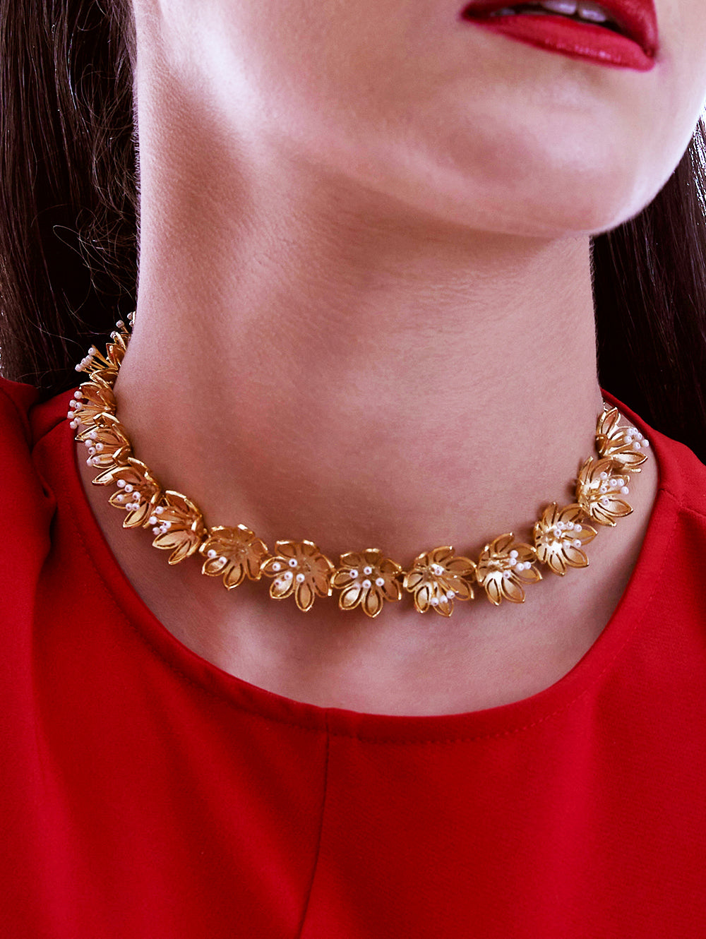 Pearly Golden Flower Earrings + Necklace