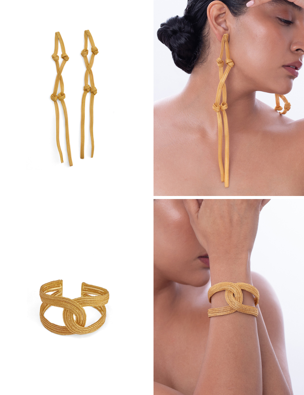 Double-Knotted Golden Mesh Long Earrings + Bracelet