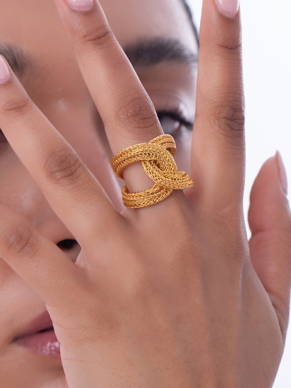Double-Knotted Golden Mesh Long Ring